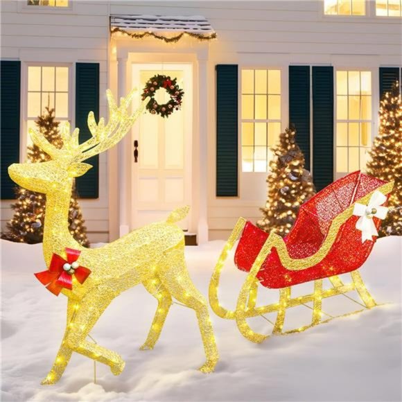 Pre-lit Christmas Reindeer,  Light Up Gold Deer and Red Sled with LED Light - Picture 3 of 7